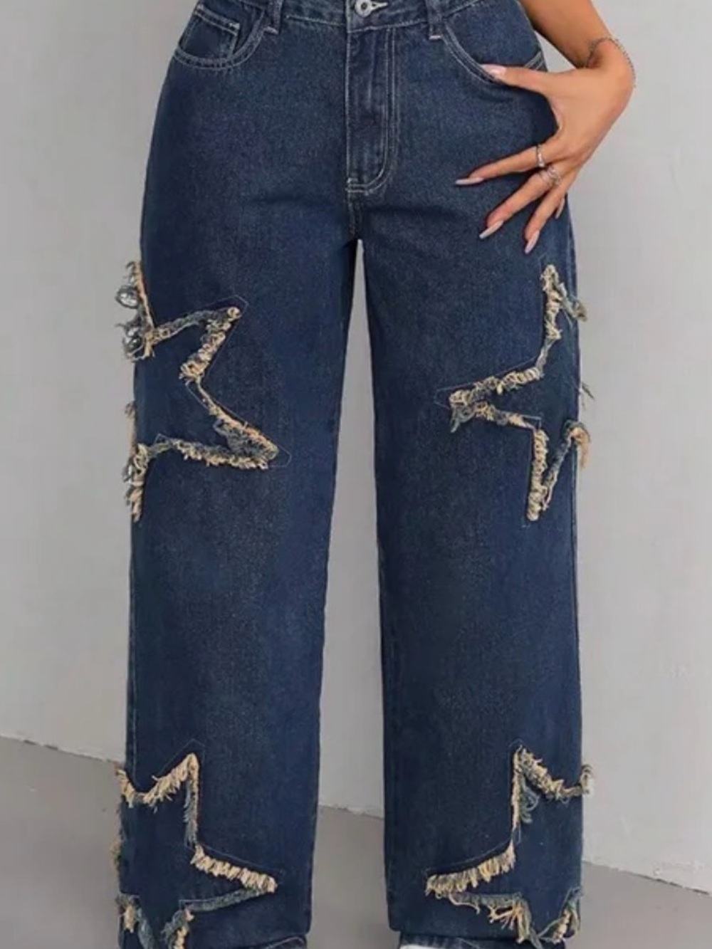 NEW - Dark Blue Wide-Leg Star Patch Jeans